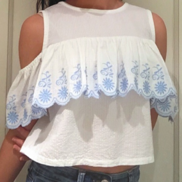 Blue and White off-the-shoulder top, cropped. - Picture 2 of 4